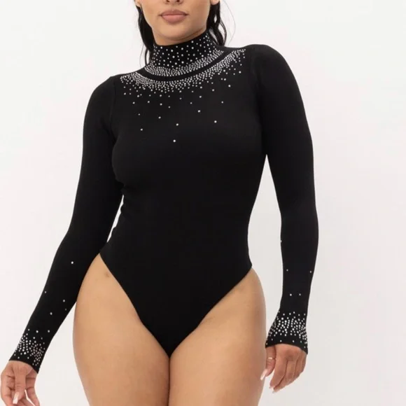 210. Violet Jeweled Turtleneck Bodysuit In Black - Picture 2 of 4